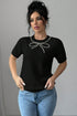 Black Pearl Bow Necklace Embellished Short Sleeve Knitted T Shirt